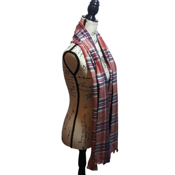 Lands' End Women's Coral Pink Plaid Scarf Soft Fringe - Picture 2 of 8